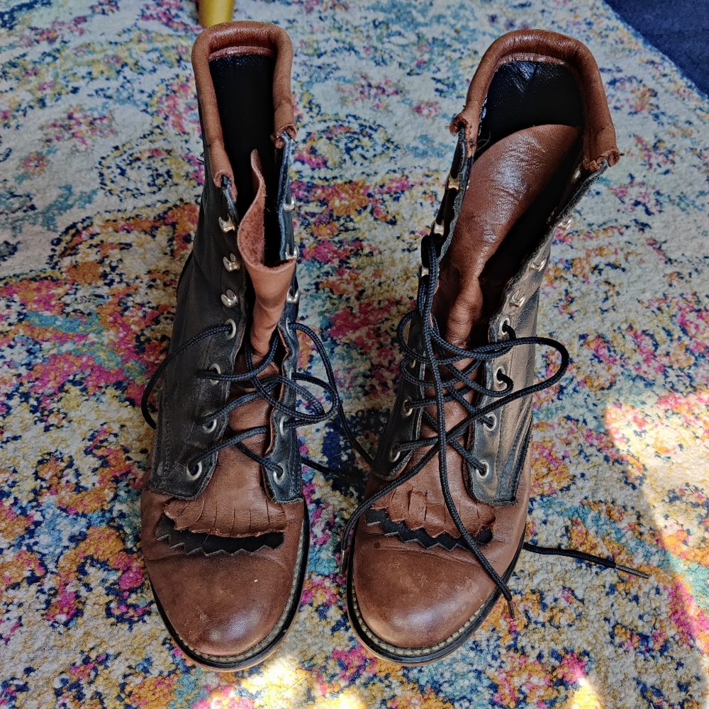 Laredo Black and Brown Leather lace up Ankle boots two tone roper boots